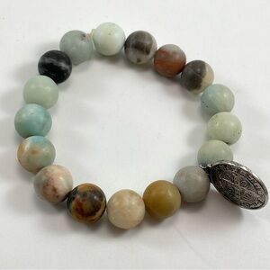Saint Benedict Pax Protection Amazonite Stone Round Beaded 6” Stretch Bracelet